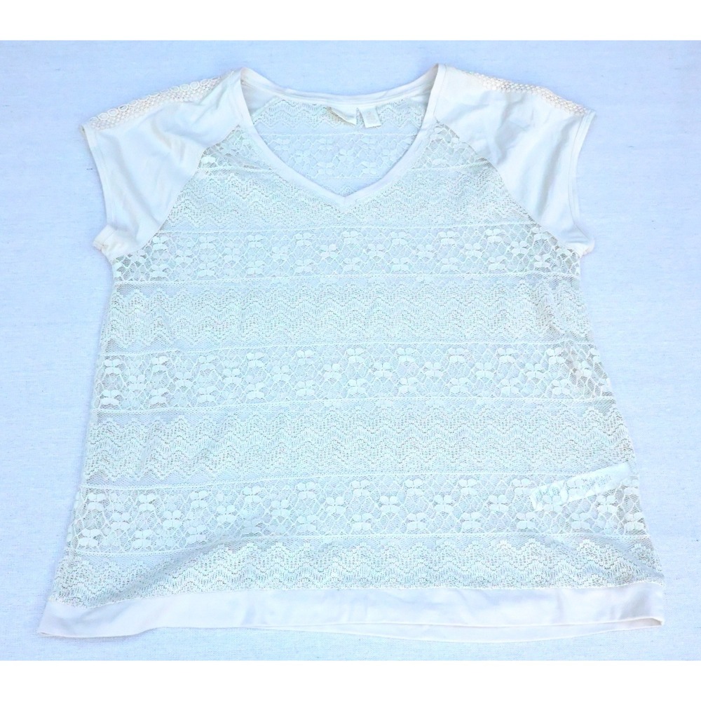 Chicos Womens 2 White Lace Cotton Blouse V Neck Cap Sleeve Sheer Knit Hem Band